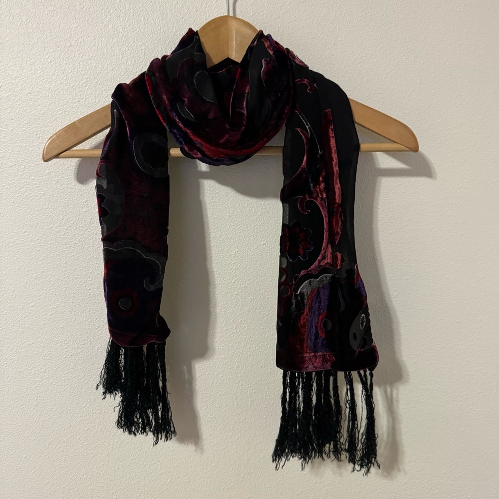 Burnout Velvet Floral Fringe Scarf Red Black Whimsigoth Fairy Sheer-9x64”